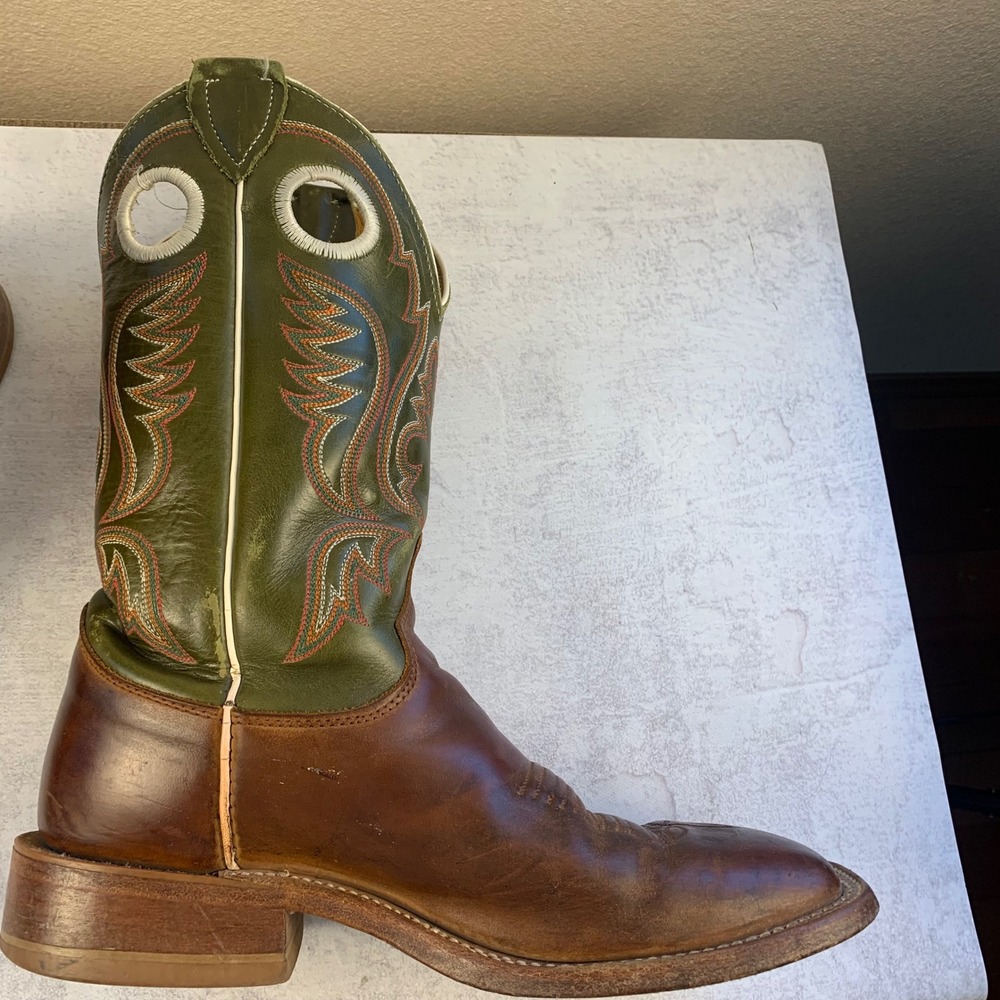 Justin 6.5D Bent Rail BR307 Cowboy Boots Brown Green 11" Square Toe USA Made - Picture 14 of 16